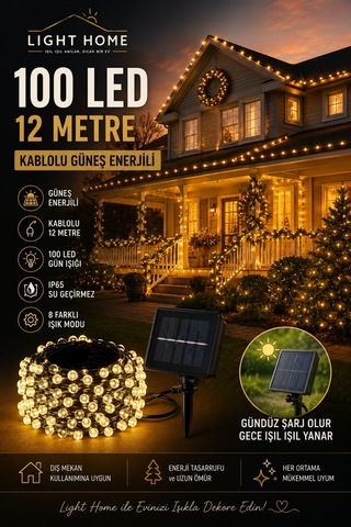 100 Led 12 Metre Güneş Enerjili Solar Led Aydınlatma Ip65 Bahçe Balkon Teras Dekoratif Işık 8 Mod Diğer