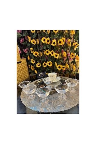 6 Parça Ayaklı Papatya Cam Lokumluk, Sunumluk, Kahve Yanı Dekorasyon, Ayaklı Mini Cup, Boncuklu Cup Şeffaf