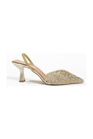 Duxal Shoes London Cam Kırıntıları Detay Arkası Açık Topuklu Ayakkabı Gold
