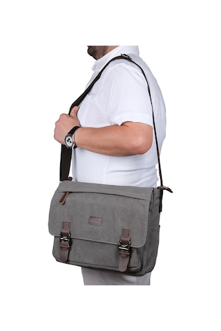 Bagacar Kanvas Kumaş Laptop Bölmeli Unisex Çapraz Çanta Gri