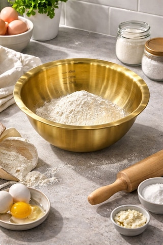 Qerhome Paslanmaz Çelik Gold Ölçülü Hamur Yoğurma & Karıştırma Kabı 3000 Ml Gold