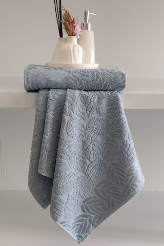 2'li Jakarlı Yaprak Desenli %100 Pamuk El Yüz Havlusu-50x90cm Acıkmavı Açık Mavi