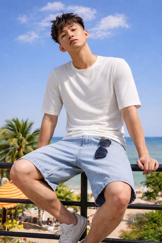 Tarz Cool Erkek Jakarlı Oversize Tişört Bisiklet Yaka Rahat Kalıp Yazlık Basic T-shirt Beyaz