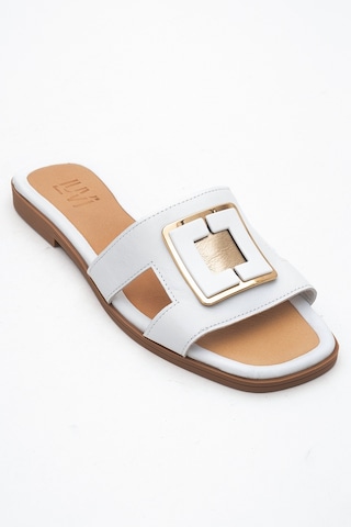 Luvishoes Millie Beyaz Hakiki Deri Tokalı Kadın Terlik Beyaz