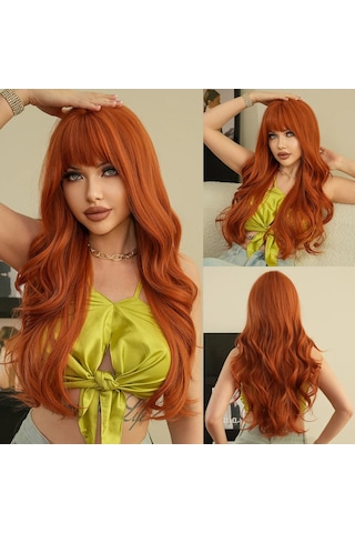 Yeni Turuncu Peruk Patlama Uzun Kıvırcık Saç Düz Patlama Diğer