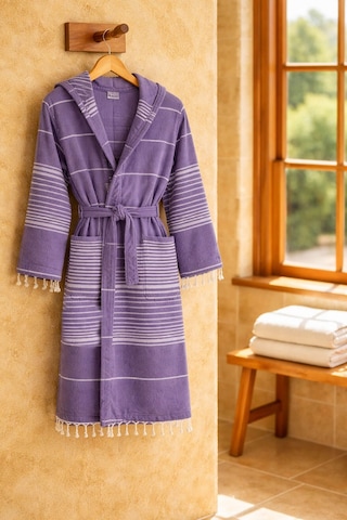 Kapüşonlu Kadın / Erkek Peştemal Bornoz Soft %100 Pamuklu Natural Mor