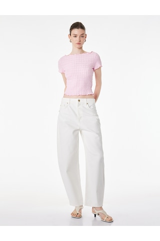 Koton Bürümcük Kumaş Slim Fit Kısa Kollu Omzu Açık Kayık Yaka Bluz Pembe 6sak10364ek Gül
