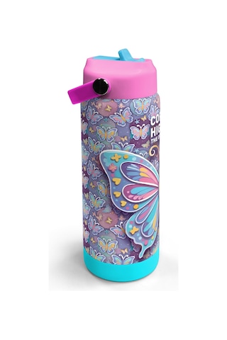 Coral High Pastel Renkli Kelebek Desenli Katlanır Ağızlıklı Çelik Termos 650 Ml 38306 Pastel