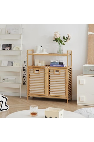 İbico İ21-150 Kalın Bambu Kirli Çamaşır Sepeti 80x33x87 Cm - 2 Bölmeli Önden Çek Aç Organizer Raflı