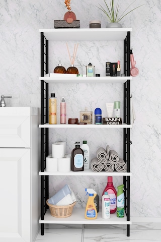 5 Raflı Çevir-kur Raf Ünitesi Telli Metal Gövdeli Organizer Banyo, Mutfak, Balkon, Antre Uyumlu Beyaz
