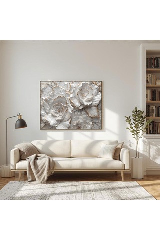 Çiçekli Cam Tablo Beyaz Çiçekler 3d Detaylı Modern Dekoratif Çerçeveli Temperli Yatay
