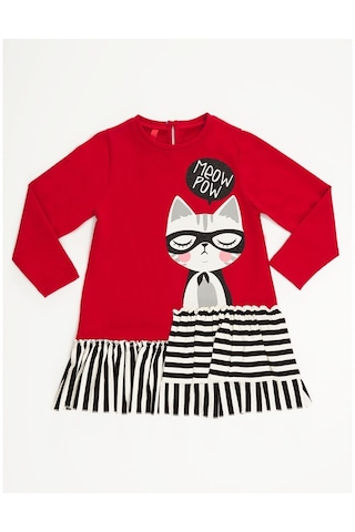 Denokids Mushi Meow Pow Kız Elbise Kırmızı