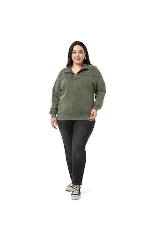 Büyük Beden Pis Dikişli Fermuarlı Yırtmaçlı Parça Boyalı Haki Sweatshirt-haki Haki