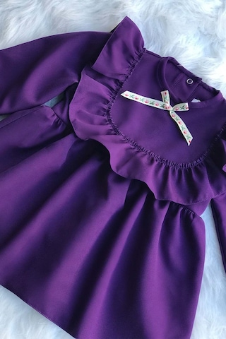 Fırfır Ve Kurdele Detaylı Mor Krep Kız Çocuk Bebek Elbise 001