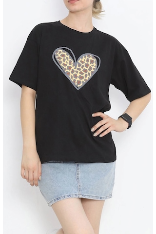 Novalisse 14 Şubat Sevgililer Günü Leopar Kalp Baskılı Oversize Bisiklet Yaka T-shirt - Siyah Çoklu Renk