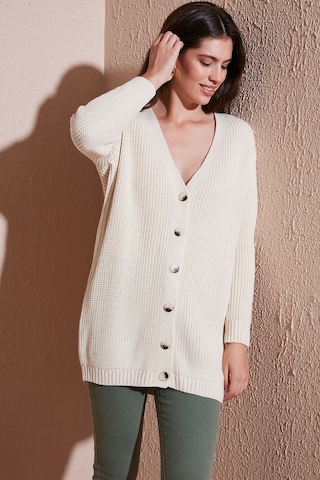 Lela Regular Fit V Yaka Düğmeli Triko Örme Uzun Bayan Hırka 4615044 Taş