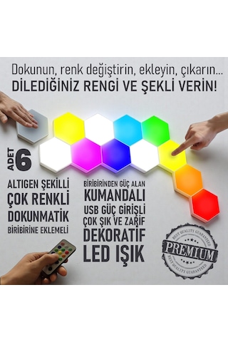 Upway Dokunmatik Çok Renkli Kumandalı Dekoratif Altıgen 6 Lı Led Lamba Seti Çok Renkli
