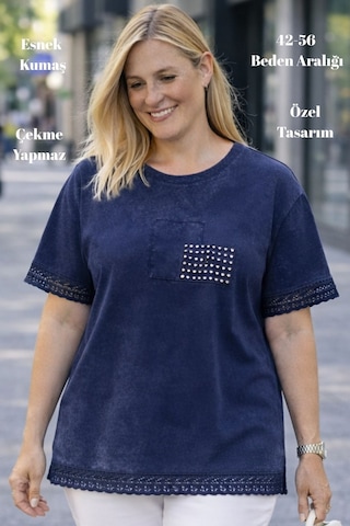 Cedy Denim Cedy - Kadın Özel Tasarım Esnek, Pul Payet, Dantel Detaylı Yıkamalı Büyük Beden Tişört Lacivert