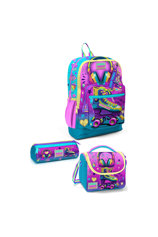 Minik Yuva Sırt Çantası Pembe Turkuaz Kulaklık Paten Desenli İki Bölmeli 3'lü Set 3set23554