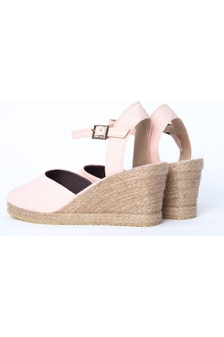 Star Tombis Gerçek Elişi Topuğu Açık Bilekten Bantlı Dolgu Topuk Pembe Keten Hasır Espadril Handmade Pembe