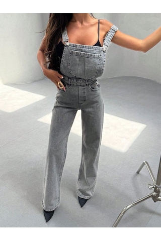 Shevega Kadın Kar Siyah Kanguru Cep Bol Paça Kot Bahçevan Tulum Siyah