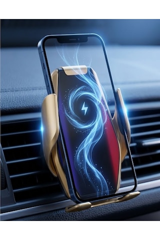 Otomatik Açılan Araç Telefon Tutucu Kablosuz Şarj Ve Tek Elle Kullanım Altın