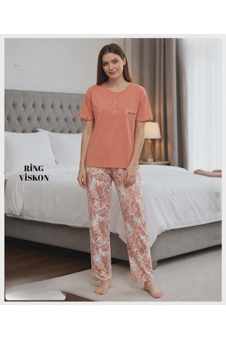 Mihra Kadın Ring Viskon Düğmeli Yaka Kısa Kol Likralı Pijama Takımı 40112k - 1 Adet Kiremit