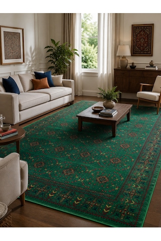 Miras Yeşil Klasik Çiçek Desenli Kalın Dokuma Kilim Halı