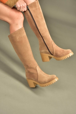 Fox Shoes R654047702 Taba/kahverengi Hakiki Deri Süet Kalın Topuklu Kadın Çizme Kahverengi - Taba