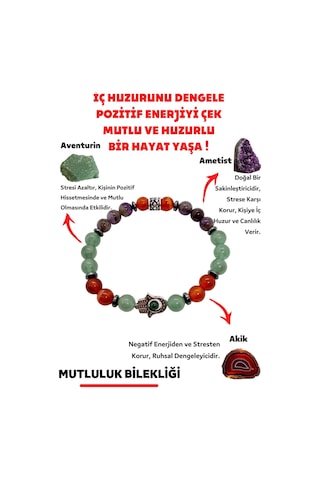 Gümüştel El Sanatları Mutluluk Iç Huzur Pozitif Doğal Taş Tılsım Bilekliği Ametist Aventurin Akik Doğaltaş Bileklik Çok Renkli