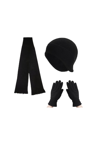 Kadın Kışlık Termal Polar Eldiven - Kulaklıklı Bere - Atkı 3'lü Set Siyah