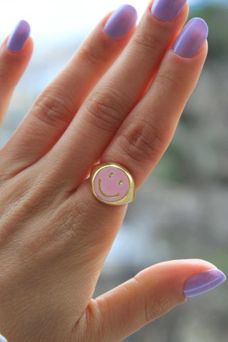 Niki Aksesuar Smile Pembe Mineli Ayarlanabilir Yüzük Gold Renk Pembe