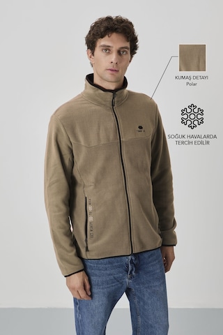 Tommy Life Camel Yazı Nakışlı Dik Yaka Fermuarlı Standart Kalıp Erkek Sweatshirt Polar - 87992 CAMEL