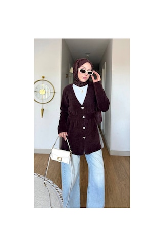 Nes Moda Kadın Düğme Detaylı Bel Büzgülü Angora Tesettür Triko Hırka Kazak Mor Mor