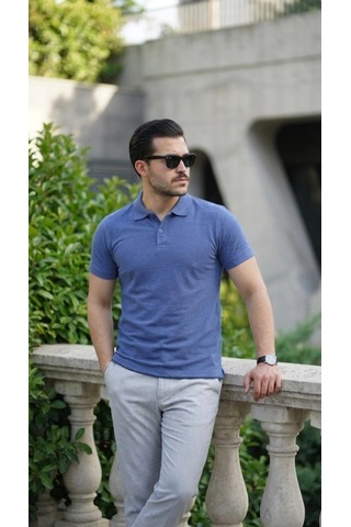 Defymoda Erkek Kısa Kollu Yakalı Tişört B. İndigo