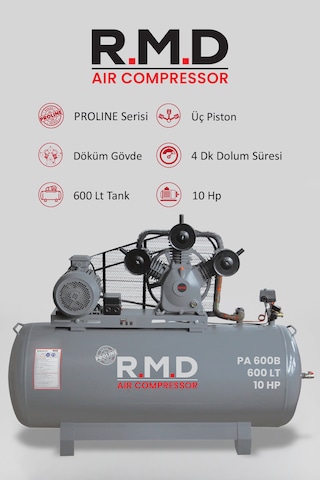 R.m.d Kompresör Pistonlu Hava Kompresörü 600 Lt 3 Kafa 8 Bar 10 Hp I Pa600b