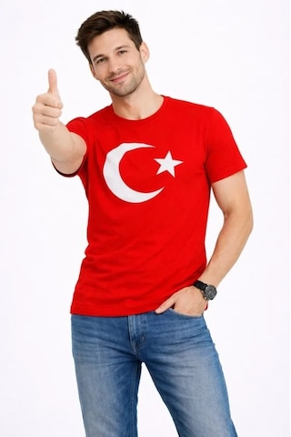 Yake Store Erkek T-shirt Kısa Kol Bisiklet Yaka Ay Yıldız Bayrak Baskılı Tişört - Kırmızı - Kırmızı