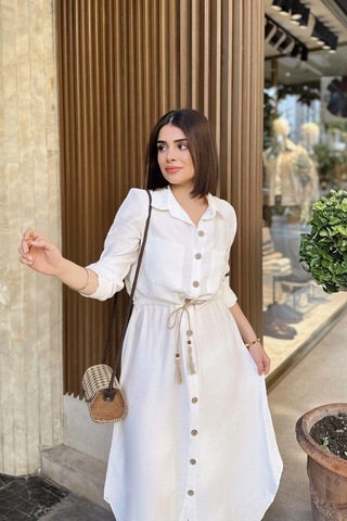 WeShaya Beyaz Katlamalı Uzun Kol, Keten/airobin Kumaş, Beli Büzgülü, Hasır Kemerli Uzun Gömlek Elbise Beyaz