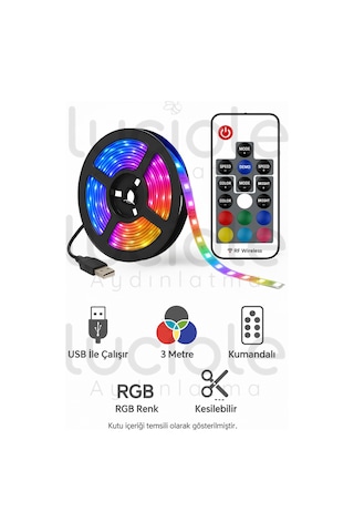 Rgb Şerit Led Işık 3 Metre Usb Girişli Kumandalı Ambiyans Lamba Tv Arkası & Lambader Alternatifi