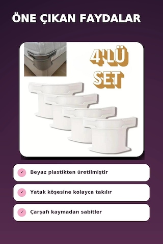 4'lü Beyaz Plastik Yatak Çarşaf Sabitleyici Klips Seti .