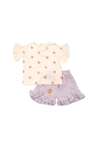 Ayıcık Baskılı Fırfırlı Şortlu Lila Takım Bipamuk 001