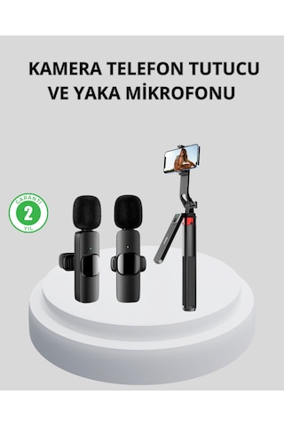 Kablosuz Çift Yaka Mikrofonu Ve Tripodlu Selfie Çubuğu İçerik Üretici Seti Çok Renkli