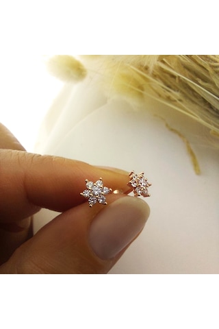 925 Ayar Gümüş Beyaz Taşlı Minimal Lotus Küpe Rose