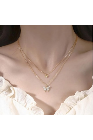 Çift Katlı Kadın Kelebek Kolye - Kararmaz Altın Kaplama