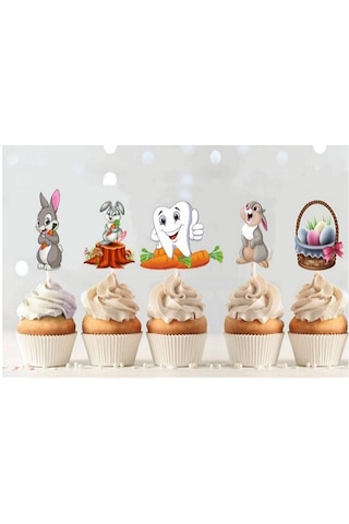 Diş Buğdayı & İlk Diş Temalı Pasta Üstü Kürdan Seti 5 Li Tavşan & Diş Figürlü Cake Topper