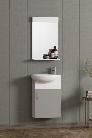 Lale 45 Cm Beyaz-sis Gri Mdf Seramik Lavabolu Asma Banyo Dolabı Takımı
