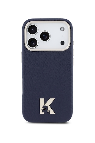 Apple Uyumlu iPhone 17 Pro Kılıf Lisanslı M-safeli Gold Kamera Çerçeve Khead Metal Logolu Pu Deri Kapak Lacivert