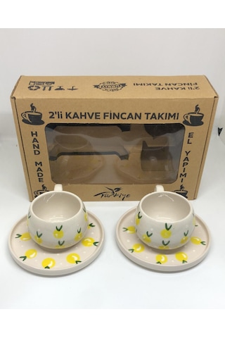 El Yapımı Limon Desenli 2'li Kahve Fincan Takımı Çok Renkli