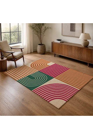 Kartela Halı Retro Çizgili Patchwork Halı Retro Canlı Kaymaz Taban Makinede Yıkanabilir 120x180 Cm