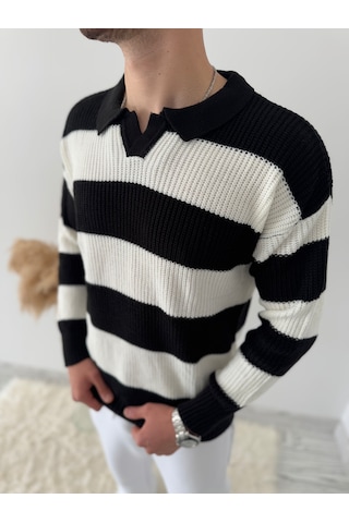 Say-Has Fashion Rahat Kalıp Erkek Polo Yaka Çizgili Triko Kazak Siyah